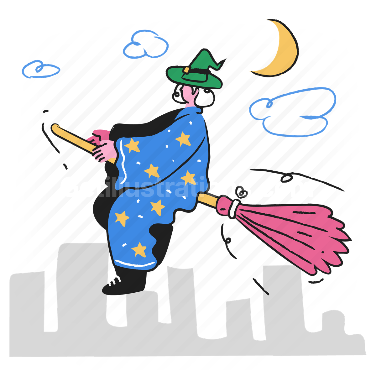 witch, broomstick, broom, night, fly, moon, cloud, city